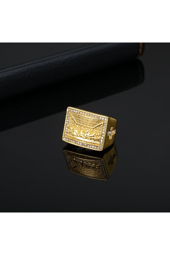 Hip Hop Iced Out The Last Supper Rings Male 14K Yellow Gold Big Square Jesus Christ Rings For Men Religious Jewelry