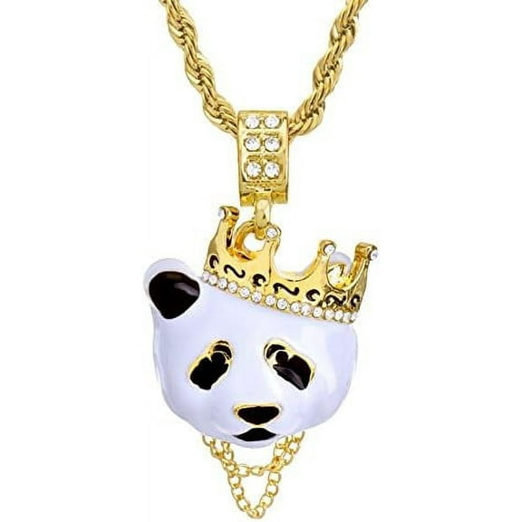 Hip Hop Iced Rapper Rap Crown Panda Pendant 4 mm 24" Rope Chain Necklace Set HC 1167 G