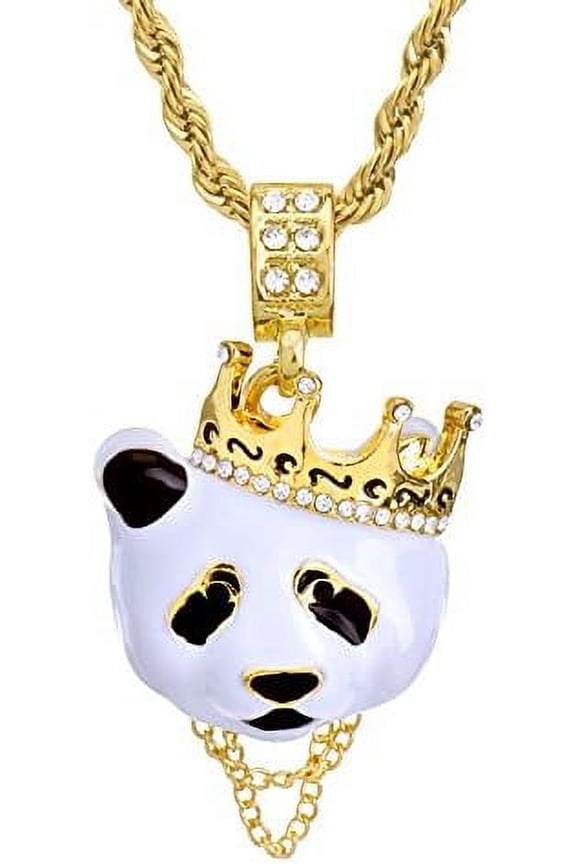 Hip Hop Iced Rapper Rap Crown Panda Pendant 4 mm 24" Rope Chain Necklace Set HC 1167 G