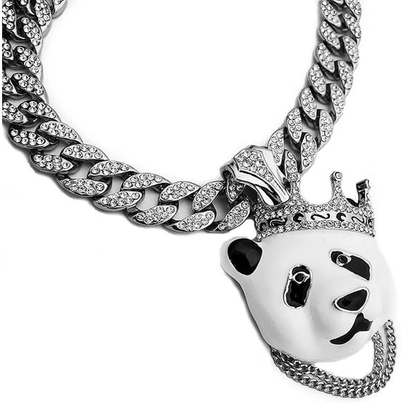 Hip Hop Iced Silver Plated King Crowned Panda Cubic Zirconia Pendant & 15mm 20" Cuban Choker Chain Necklace Set