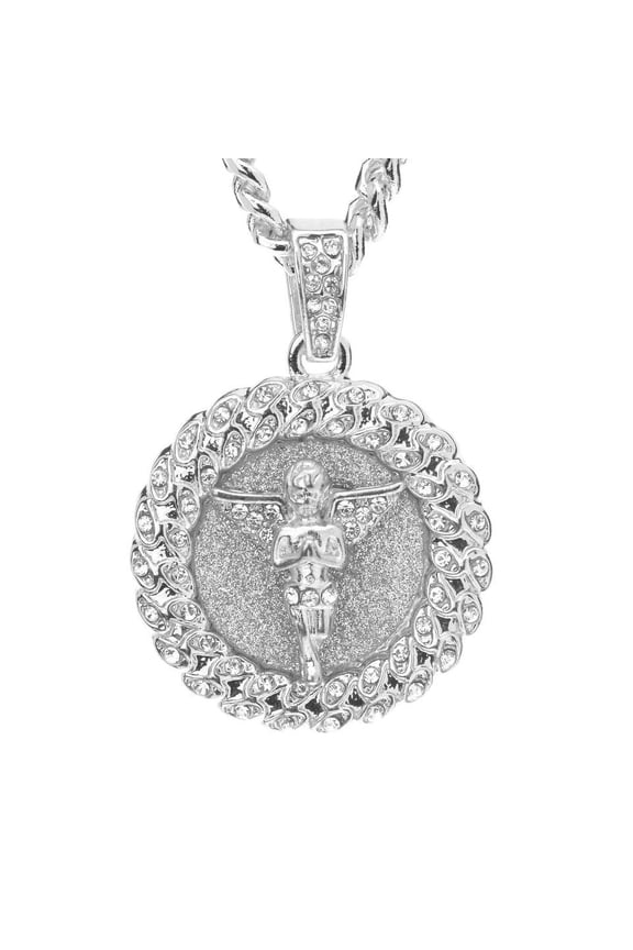 Hip Hop Iced Silver Plated Men's Angel Pendant 24 inch Cuban Chain Necklace CPB 121 S
