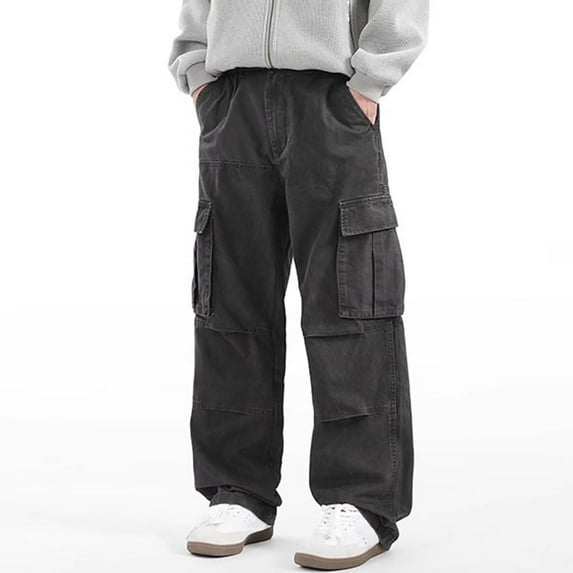 Hip Hop Jeans for Men Vintage Drawstring Waist Wide Leg Trousers Casual Fashion Loose Streetwear Pants with Pockets