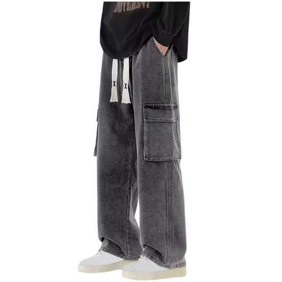 Hip Hop Jeans for Men Vintage Drawstring Waist Wide Leg Trousers Casual Fashion Loose Streetwear Pants with Pockets