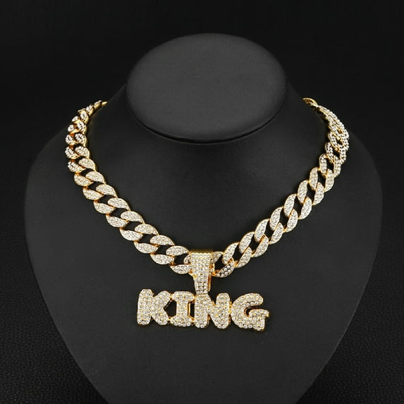 Hip Hop KING Letter Pendant Necklace With Cuban Chain 15mm Crystal Iced Out Bling Hip Hop Jewelry Necklaces Street Dance Accessories Fashion Creative Gifts
