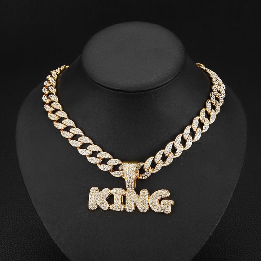 Hip Hop KING Letter Pendant Necklace With Cuban Chain 15mm Crystal Iced ...