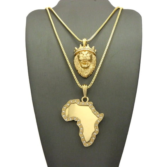 Hip Hop King Crown Lion and Africa Map Pendant & 24" - 30" Box Chain Bling Gold Plated 2 Necklace Set