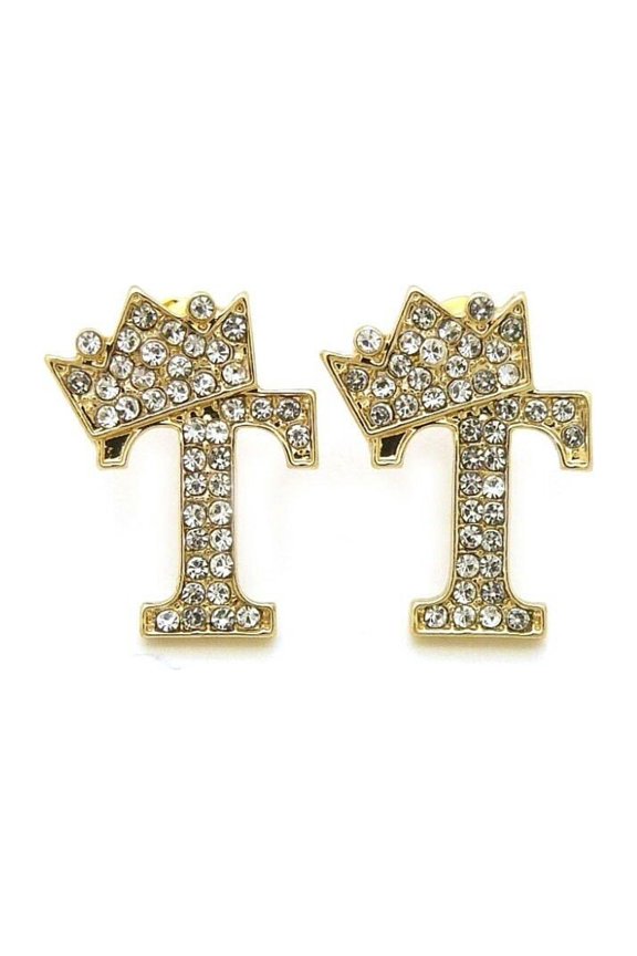 Hip Hop King Crown Tilted Initial Letter Alphabet Pierced Stud Earring