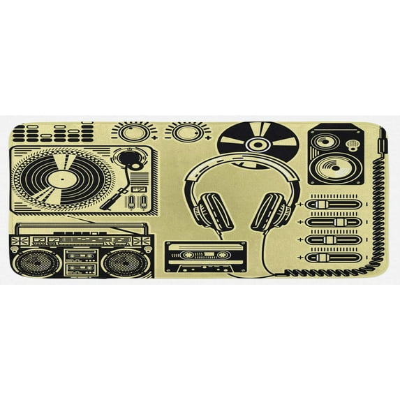 Hip Hop Kitchen Mat, Electronic Music Devices as Turntable Headphones Speaker for Recording, Plush Decorative Kitchen Mat with Non Slip Backing, 47" X 19", Yellow Black
