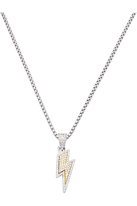 Hip Hop Lightning Bolt Crystal Pendant Necklace Stainless Steel Vintage Iced Out Thunder Flash Sparkly Rhinestone CZ Bling Necklace for Men Women Punk Rock Music Halloween Christmas Fashion Jewelry