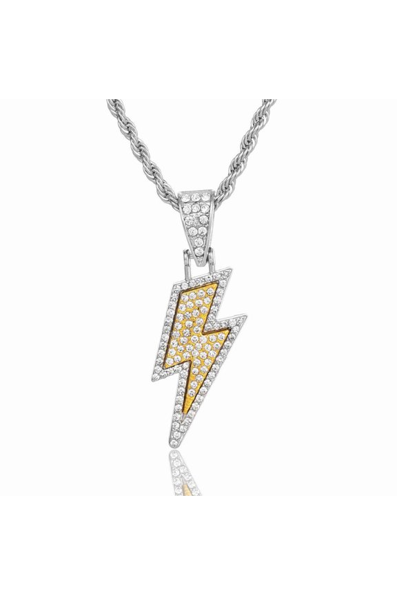 Hip Hop Lightning Bolt Design Pendant Gold Plated Iced Out Cubic Zirconia Pendant Necklace with Micropave Simulated Diamond for Men Women