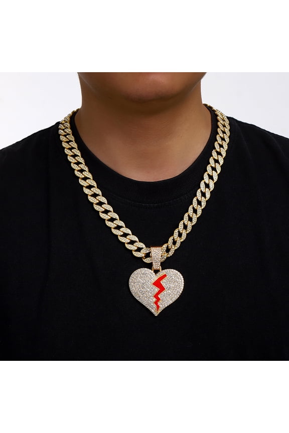 Hip Hop Love Heart Split Diamond Pendant Hook Hip-Hop Fashion Cuban Link Chain Necklace Men's and Women's Necklaces