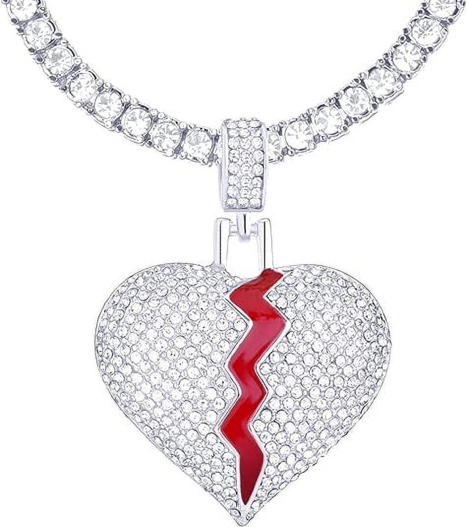 Hip Hop Luxury Iced Silver Tone Broken Heart Pendant 24" Tennis Chain Necklace THC 16875 S