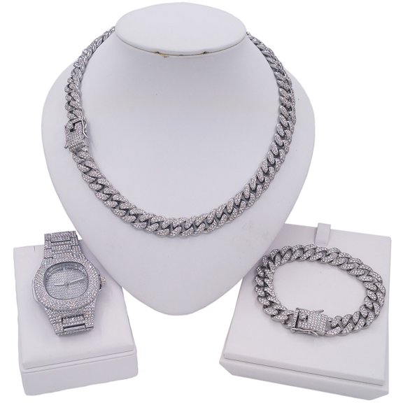 S&M Jewelry Miami Cuban Cubic Zirconia Necklace, Bracelet and Watch Set, 18k Gold Plated, 3 Count