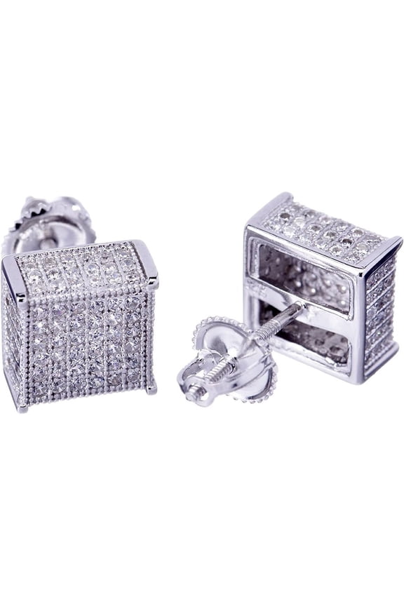 Hip Hop Luxury Micro Pave Iced Cube Silver Tone Block Square Screw Back Stud Earrings 407 S