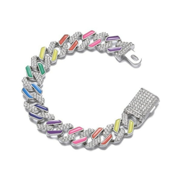 Hip Hop Male Bracelet Color Zircon Cuban Chain 12MM Hand Jewelry for Men Women 7inch