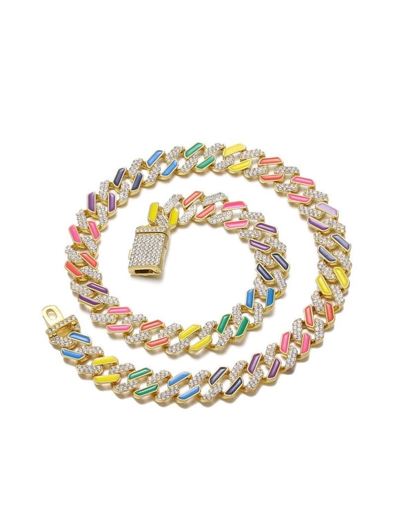 Hip Hop Male Necklace Color Zircon Cuban Chain 12MM Neck Jewelry for Men Women 20inch