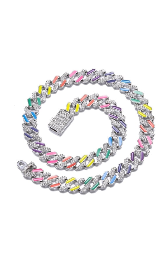 Hip Hop Male Necklace Color Zircon Cuban Chain 12MM Neck Jewelry for Men Women 24inch