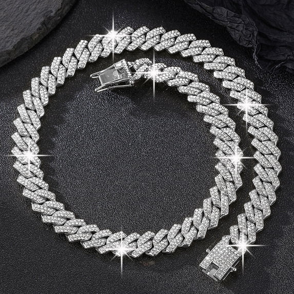 Hip Hop Men Women 14MM Prong Cuban Link Chain Necklace Iced Out Paris Chain 2 Row Rhinestone Paved Miami Rhombus Cuban Necklaces