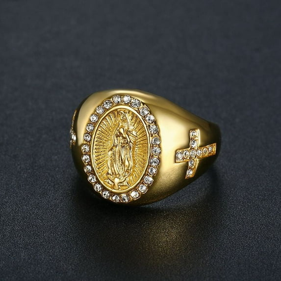 Hip Hop Men's Iced Out Bling CZ Ring Male 14K Yellow Gold Jesus Cross Rings For Men Religious Jewelry