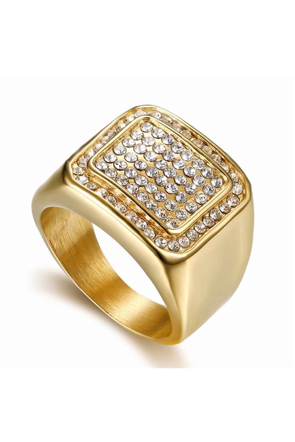 Hip Hop Men's Iced Out Cubic Zircon Square Rings 14K Yellow Gold High Quality CZ Cool Male Ring Party Jewelry