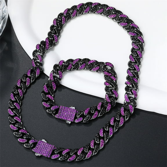 Hip Hop Men's Strip Full Diamond Line Exaggerated And Personalized Rap Cuban Link Chain Amethyst Necklace