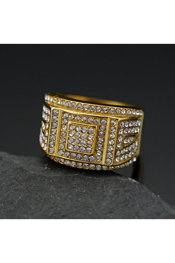 Hip Hop Men's golden color Bling Big Square Ring 14K Yellow Gold with rhinestone Large Men's Ring Cool Jewelry Gift