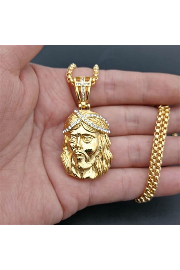 Hip Hop Necklace 14K Yellow Gold Iced Out Chains Cross Jesus Head Pendant Necklace For Men/Women Gifts