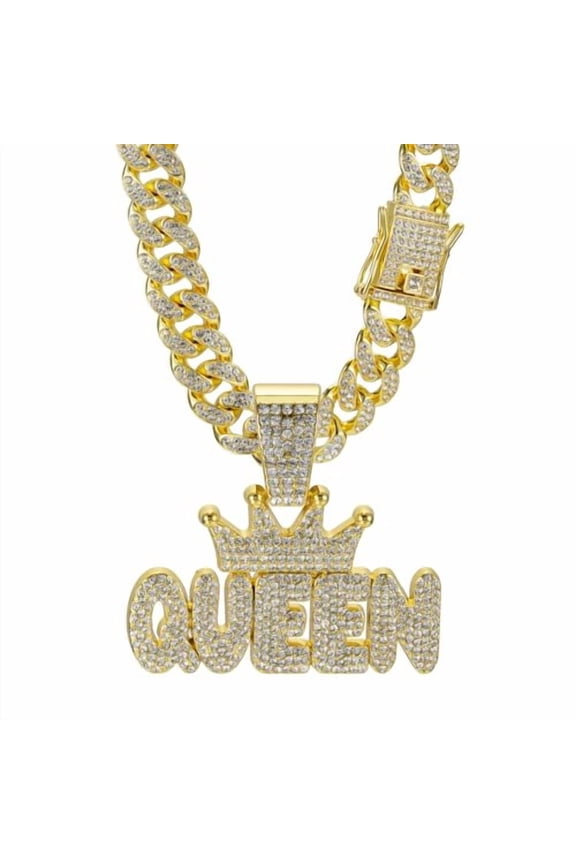 Hip Hop Necklace Full Diamond QUEEN Letter Pendant Cuban Necklace Hip Hop Men's and Women's Chain Necklace Length 19.68 inches (Crown Letter Cuban Chain, golden)