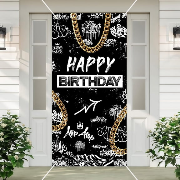 Hip Hop Party Backdrop - Seamless Black White Graffiti with Gold Chain Pattern for Birthday Celebration, Music Video Background, Urban Photo Studio 35x72 Inch
