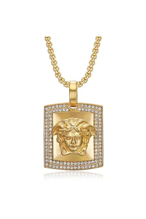 Hip Hop Paved Rhinestones Bling Iced Out Square pendant with Greek mythology Pendants 14K Yellow Gold Necklaces for Men Rapper Jewelry