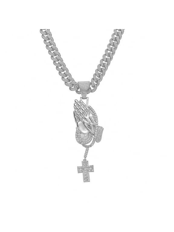 Hip Hop Prayer Hands Cross Pendant Necklace with 13mm Miami Cuban Chain Iced Out Bling HipHop Necklaces Fashion Jewelry