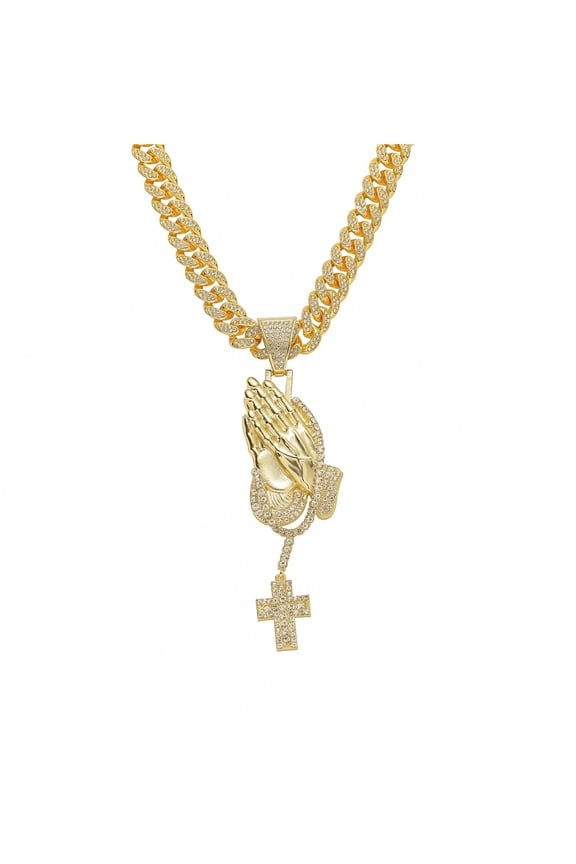 Hip Hop  Prayer Hands Cross Pendant Necklace with 13mm Miami Cuban Chain Iced Out Bling HipHop Necklaces Fashion Jewelry