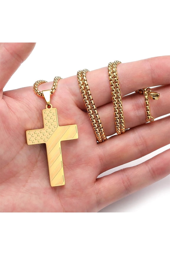 Hip Hop Punk American Flag Cross 14K Yellow Gold Pendant Necklace for Men Fashion Bible Verse Christ Jesus Cross Necklaces Religious Jewelry