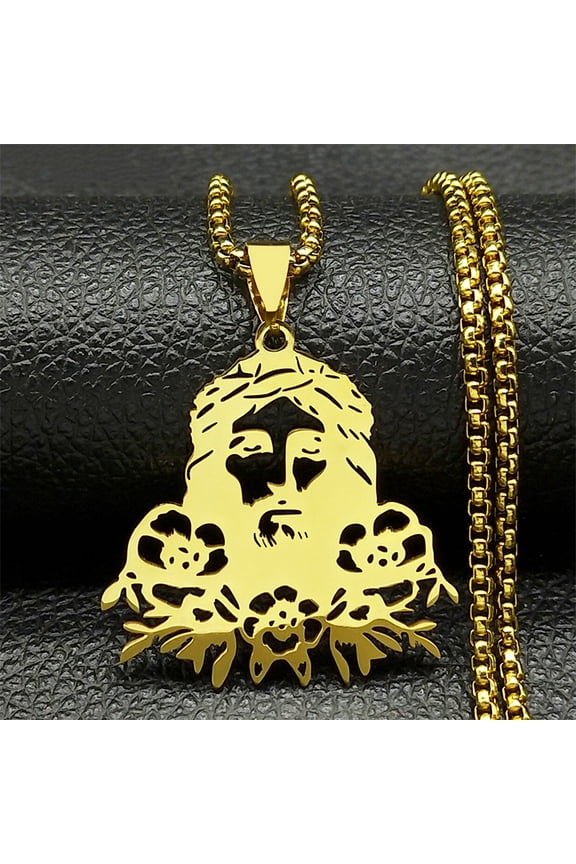 Hip Hop Punk Crown of Thorns Jesus Cross Necklace for Men 14K Yellow Gold Crucifix Pendant Necklaces Jewelry