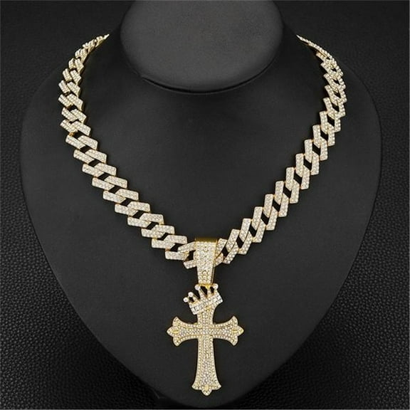 Hip Hop Punk Luxury Rhinestone Crown Cross Pendant  Necklace for Women Men15mm   Iced Out Cuban Link Cuban Chain Necklace Charm Jewelry Accessories Fashion Gift