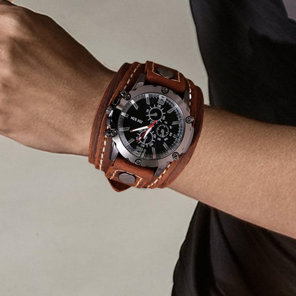 Hip Hop Punk Style Wrist Watch Wide PU Leather Fashion Big Face Dial Brown