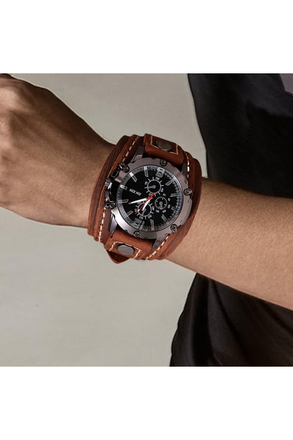 Hip Hop Punk Style Wrist Watch Wide PU Leather Fashion Big Face Dial Brown