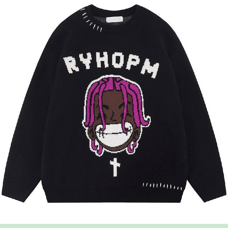 Hip Hop Rap Crewneck Anime Rapper Knit Sweater Long Sleeve Harajuku Vintage Knitted Sweater StreetwearHip hop rap