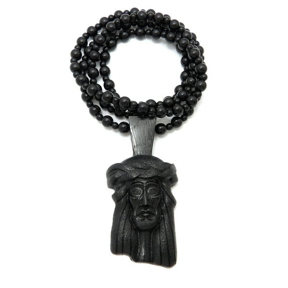 Hip Hop Rapper Style Jewelry Fashion Black Jesus Head Pendant & 8mm 36" Plastic Bead Chain Necklace Accessory