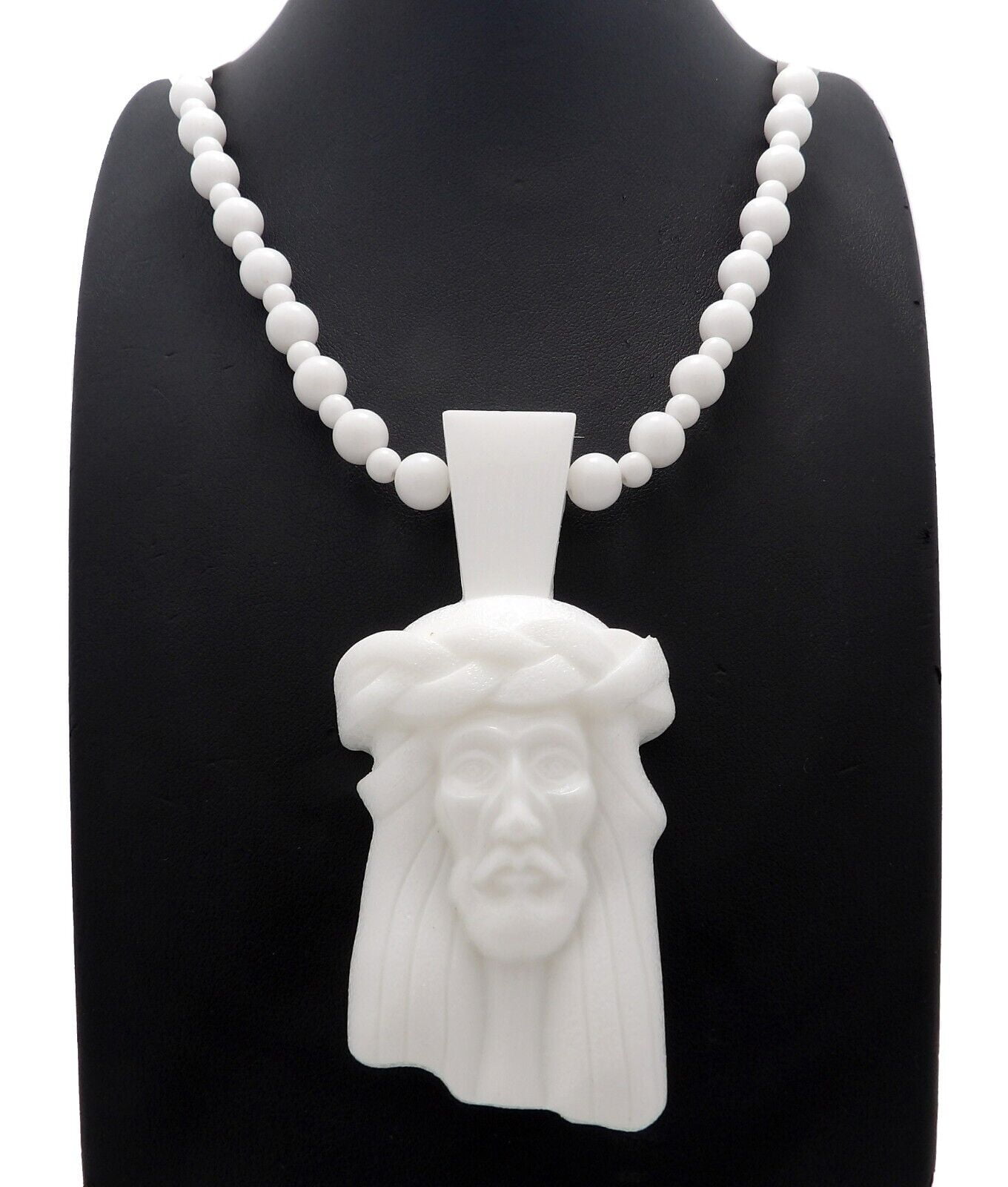 Hip Hop Rapper Style White Jesus Head Pendant & 8mm 36" Plastic Bead Chain Necklace Jewelry Accessory for Men