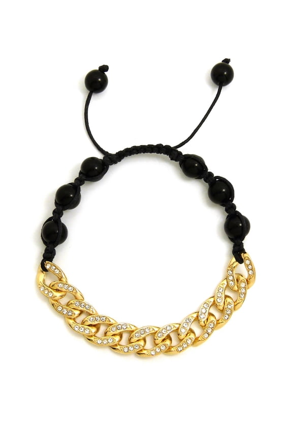 Hip Hop Rapper's Style 10mm Iced Out Cuban Link and 8mm Black Stone Bead Adjustable Knotted Bracelet, Gold-Tone, XB446G