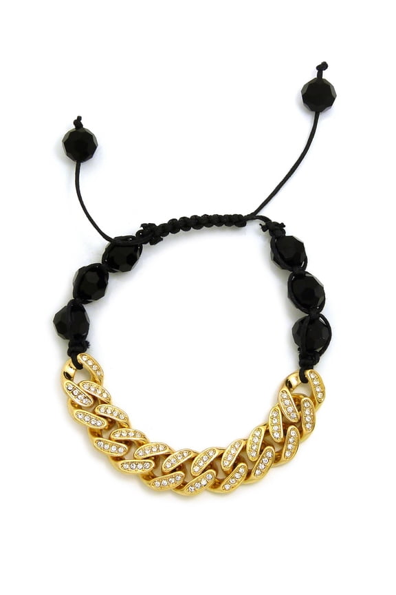 Hip Hop Rapper's Style 12mm Iced Out Cuban Link and 10mm Black Stone Bead Adjustable Knotted Bracelet, Gold-Tone, XB447G