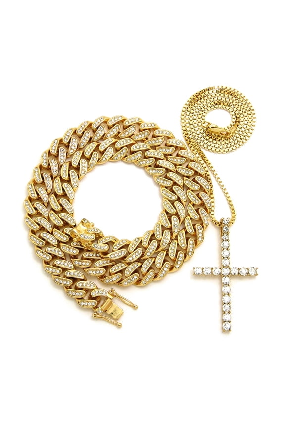 Hip Hop Rapper's Style Iced Out Cuban Chain & Stone Stud Cross pendant with Box Chain Necklace Set