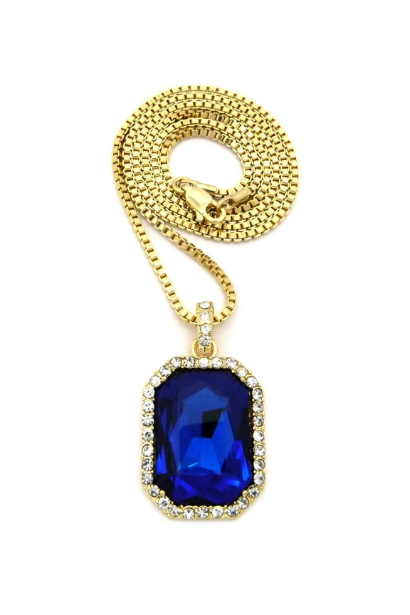 Hip Hop Rapperz Micro Faux Sapphire Pendant 2mm 30" Box Chain Necklace in Gold-Tone