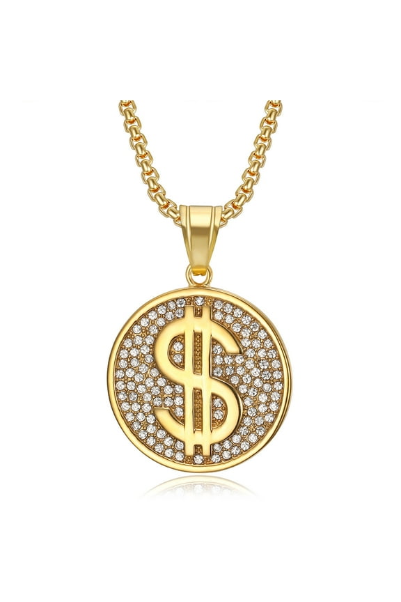 Hip Hop Rhinestones Bling Iced Out 14K Yellow Gold Dollar Sign Round Golden Silver Color Pendant Necklace for Men Rapper Jewerly