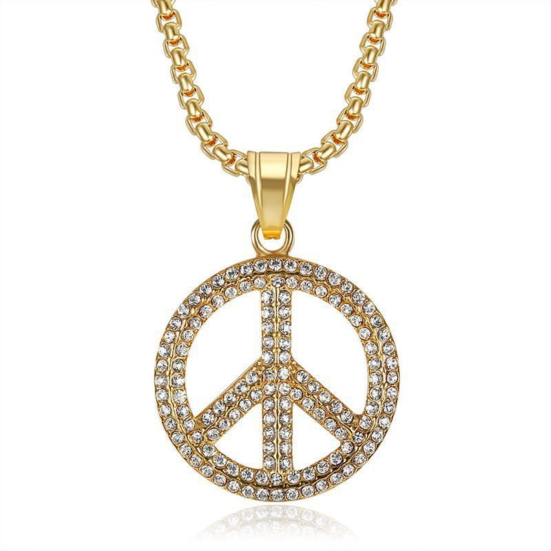 Hip Hop Rhinestones Pave Bling Iced Out 14K Yellow Gold Peace Sign ...