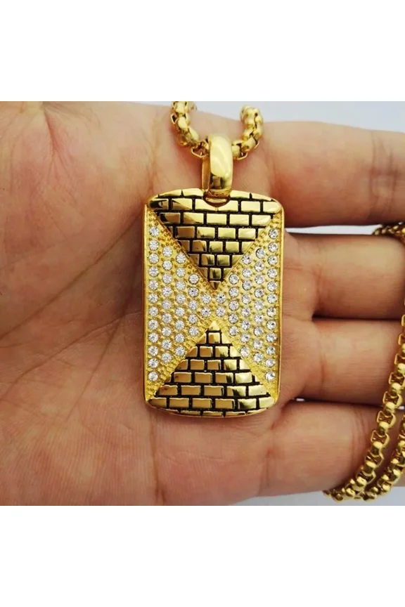Hip Hop Rhinestones Paved Bling Iced Out 14K Gold Pyramid Pendant Necklace for Men Rapper Jewelry