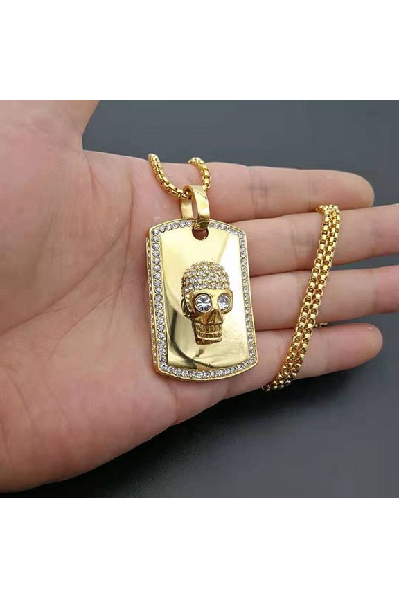 Hip Hop Rhinestones Paved Bling Iced Out 14K Gold Skull Geometric Sqaure Pendant Necklace for Men Rapper Jewelry
