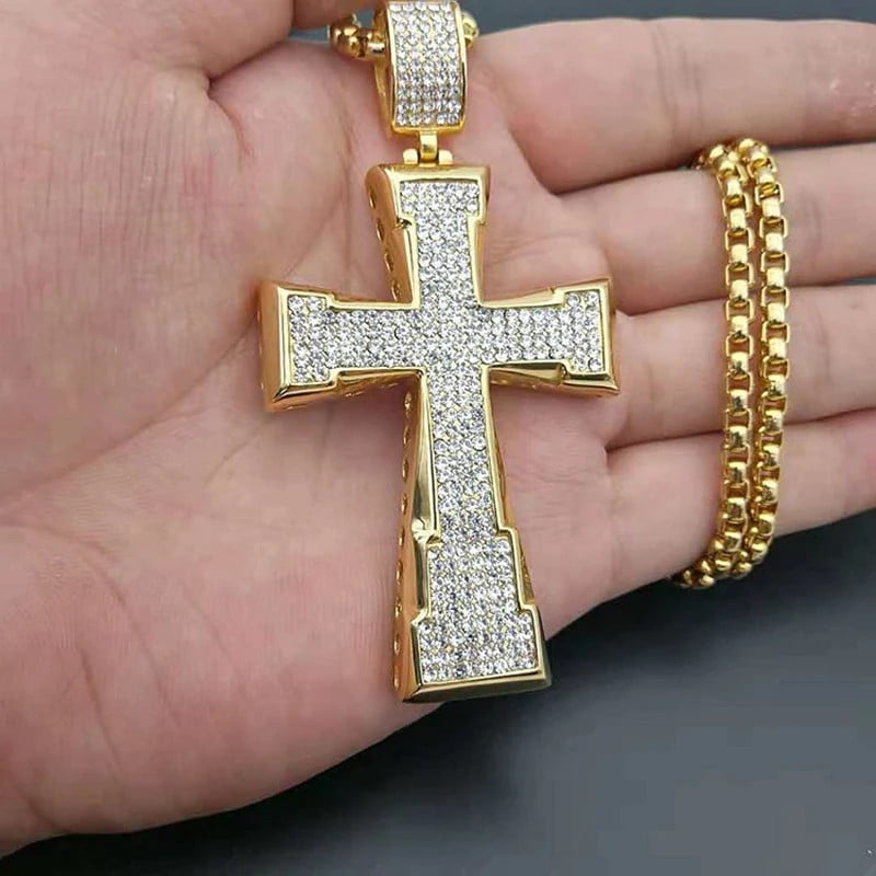 Hip Hop Punk Cross Necklace - Large Gold Rhinestone Pendant On Rope Chain For Men & Women 1 thumbnail image