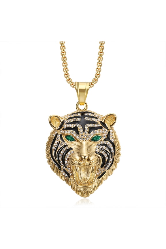 Hip Hop Rhinestones Paved Bling Iced Out 14K Yellow Gold Big Tiger Pendants Necklace for Men Rapper Jewelry with cuban chain